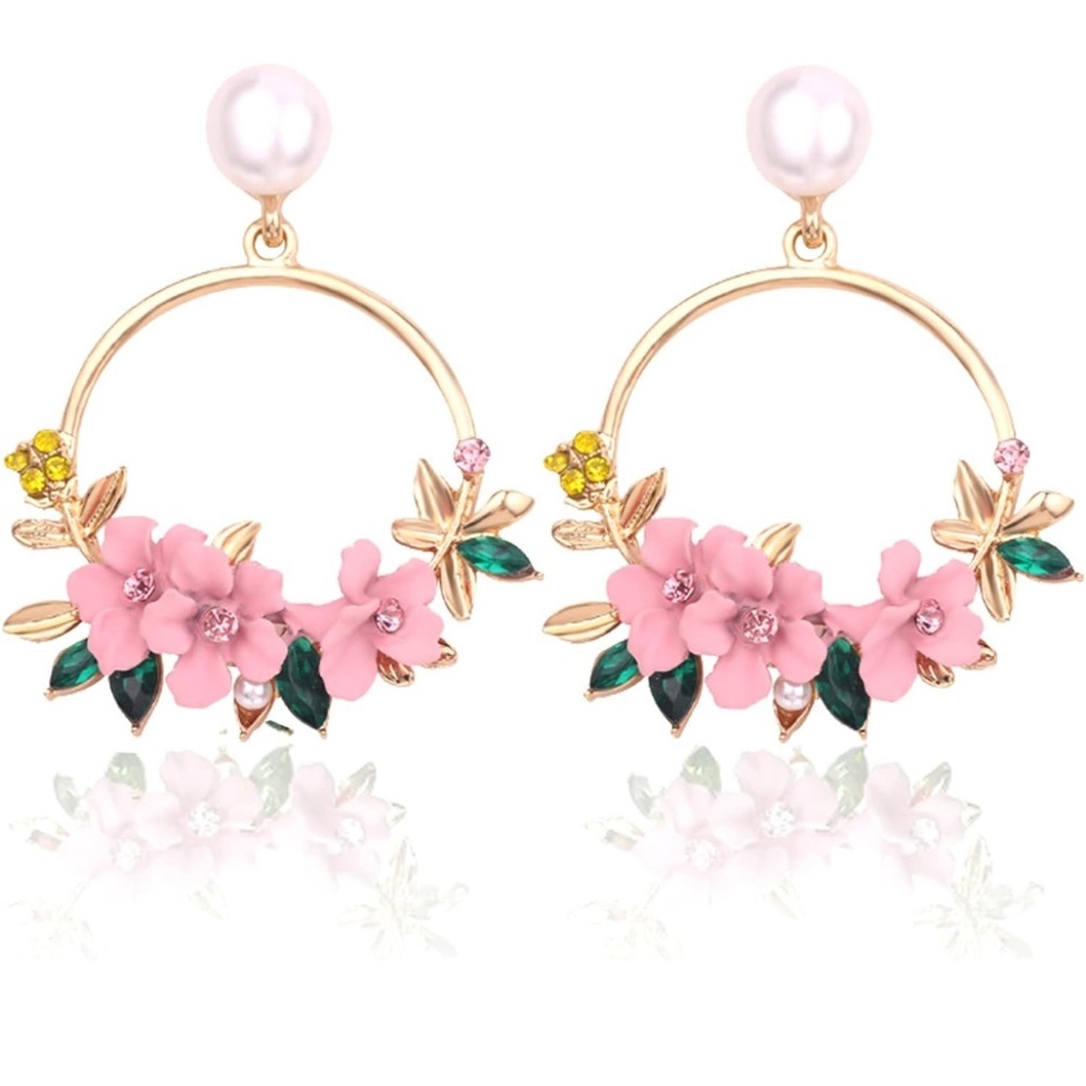 Elegant Pink Floral Hoop Earrings with Pearls